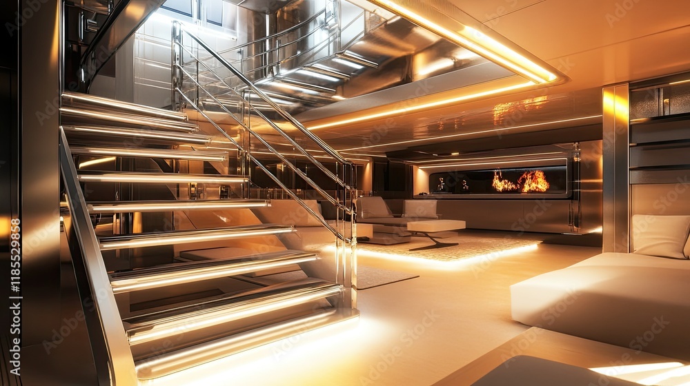 Obraz premium Luxury Yacht Interior: Opulent Staircase and Lounge
