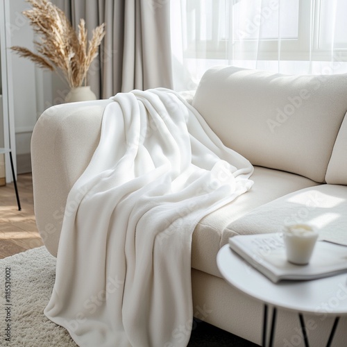 Cozy living room with white couch and blanket in natural light