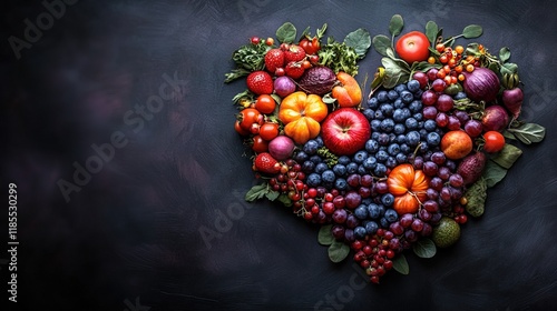 A heart-shaped arrangement of colorful fruits, symbolizing health and love for nature's bounty.