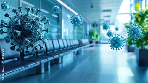 A visualization of airborne particles in a hospital waiting room, with soft, glowing light revealing their presence, blending the invisible with the visible world