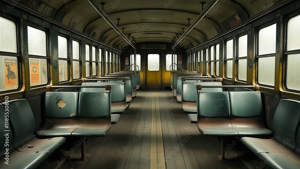 empty old subway car interior passenger space empty old subway car interior passenger space
