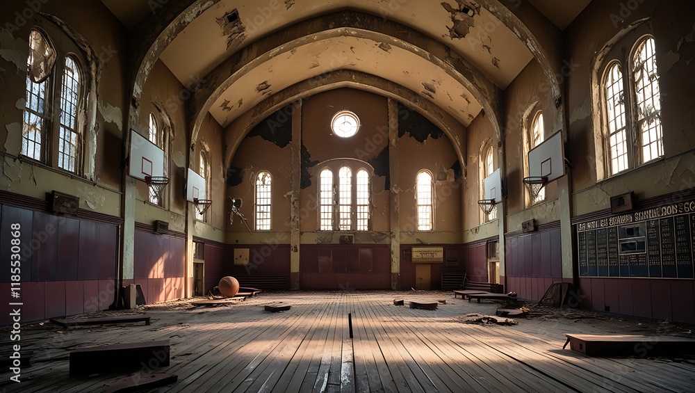 Obraz premium Large empty old ruined gymnasium in abandoned school