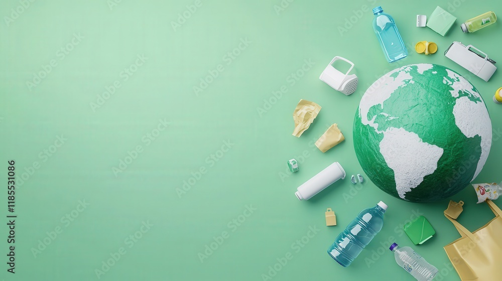 Fototapeta premium Icons of reusable items like bags and bottles encircling a green Earth