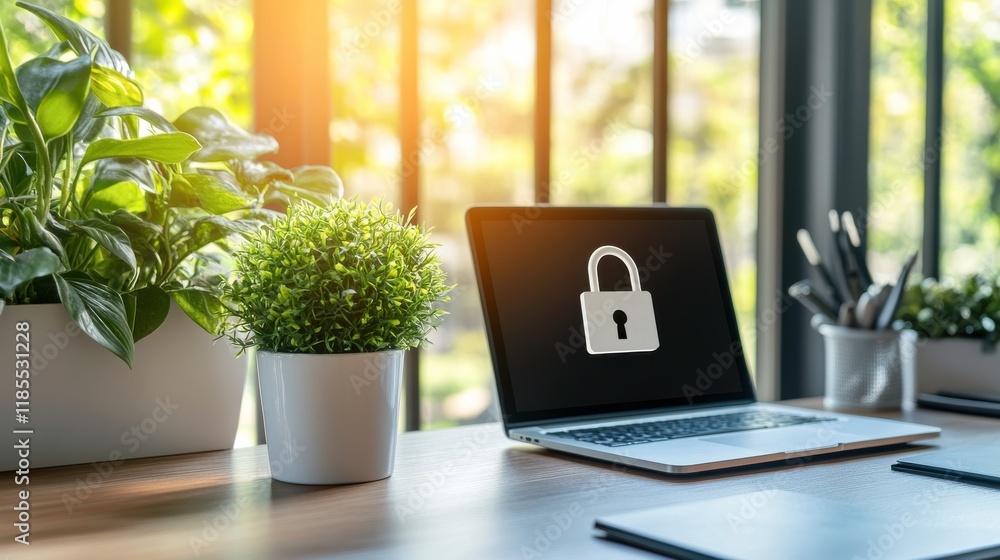 Fototapeta premium Secure Tech Setup in Modern Office Environment
