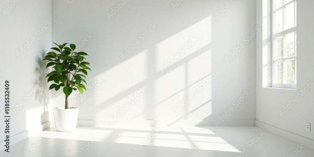 Bright Sunlight Illuminates a Minimalist Room with a Potted Plant Bright Sunlight Illuminates a Minimalist Room with a Potted Plant