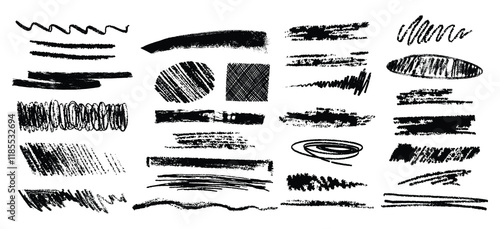 Hand drawn charcoal pencil lines, smears and squiggles set. Scribble black strokes, curly scribbles. Grungy graphite pen art brushes, textured doodle freehand chalk drawing line stripes and waves.