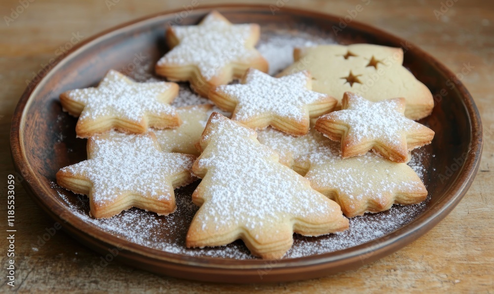 Festive Holiday Cookies with Powdered Sugar on Wooden Plate Festive Holiday Cookies with Powdered Sugar on Wooden Plate