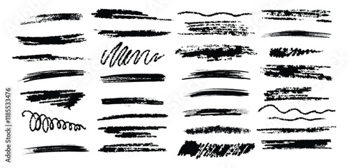 Hand drawn charcoal pencil lines, smears and squiggles set. Scribble black strokes, curly scribbles. Grungy graphite pen art brushes, textured doodle freehand chalk drawing line stripes and waves.