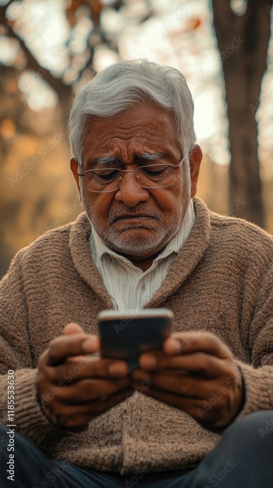 Elderly Man Using Smartphone in Park Elderly Man Using Smartphone in Park