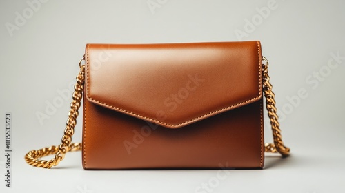 A minimalist leather handbag with a gold chain strap, centered on a white background, AI Generative.