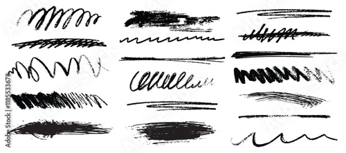 Hand drawn charcoal pencil lines, smears and squiggles set. Scribble black strokes, curly scribbles. Grungy graphite pen art brushes, textured doodle freehand chalk drawing line stripes and waves.