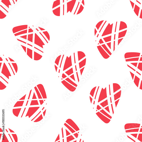 Seamless pattern with red hearts and abstract stripes in flat doodle style