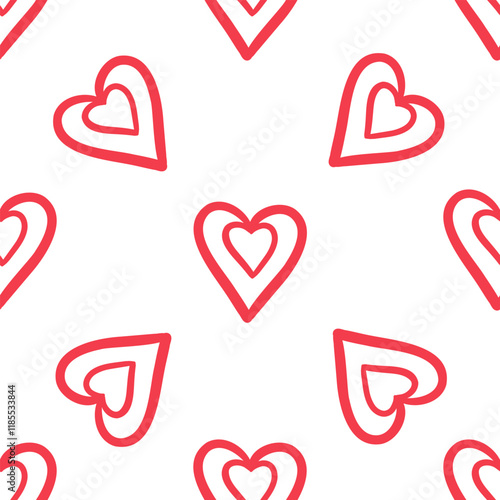 Seamless pattern with red outlined hearts in flat doodle style