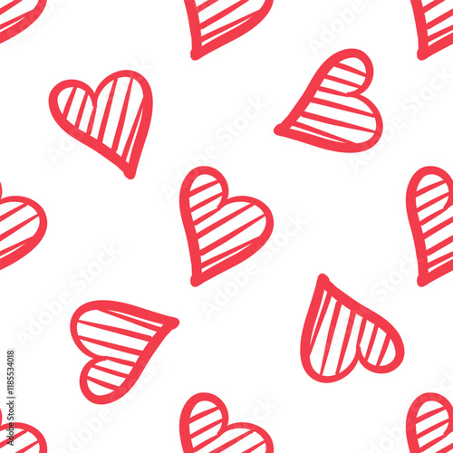 Seamless pattern with hand-drawn striped red hearts in flat doodle style