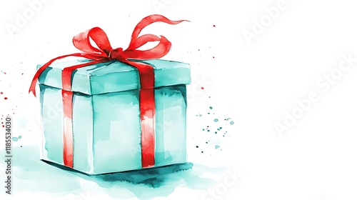 A watercolor illustration of a tall gift box in mint green, tied with a contrasting red ribbon, soft brushstroke texture throughout, isolated on a white background, the mood is playful and charming