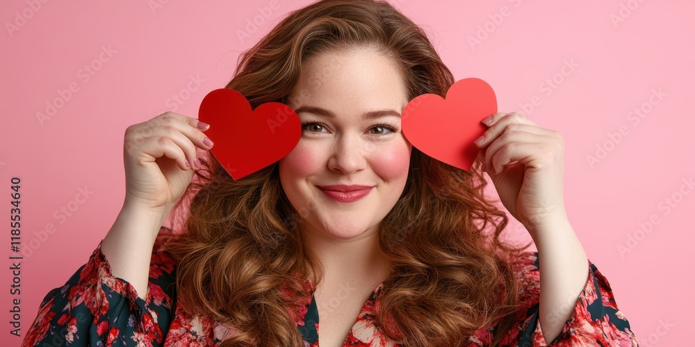 Love at First Sight: A playful and romantic portrait of a woman with red hearts over her eyes, radiating joy and warmth. Her genuine smile and expressive eyes create a captivating image. Love at First Sight: A playful and romantic portrait of a woman with red hearts over her eyes, radiating joy and warmth. Her genuine smile and expressive eyes create a captivating image.