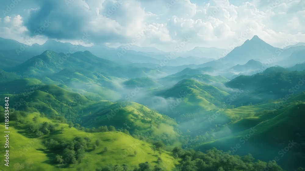 Rolling Green Hills with Sunlight and Distant Mountains Rolling Green Hills with Sunlight and Distant Mountains