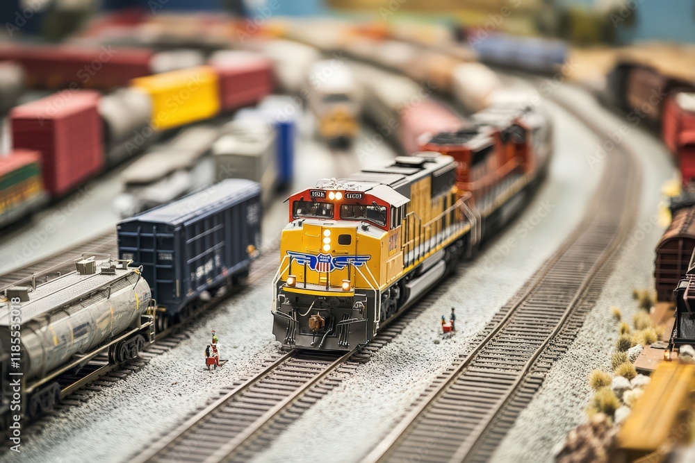 Model Train Engine Leads Cargo Through Miniature Landscape