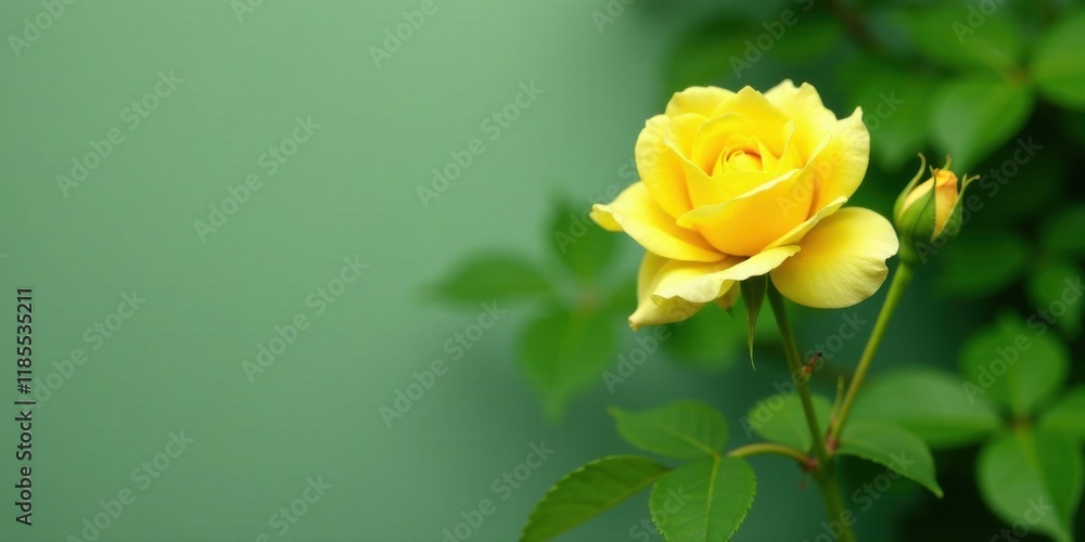 A single yellow rose blooms against a soft green backdrop A single yellow rose blooms against a soft green backdrop