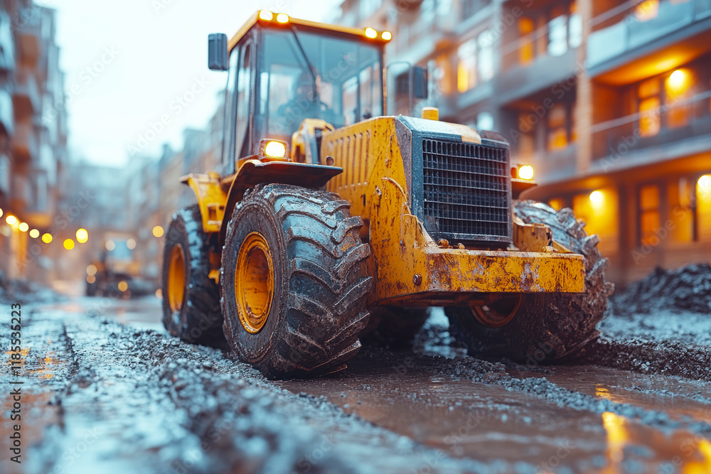 A yellow construction vehicle navigating a muddy urban street, surrounded by buildings, under overcast weather. A yellow construction vehicle navigating a muddy urban street, surrounded by buildings, under overcast weather.