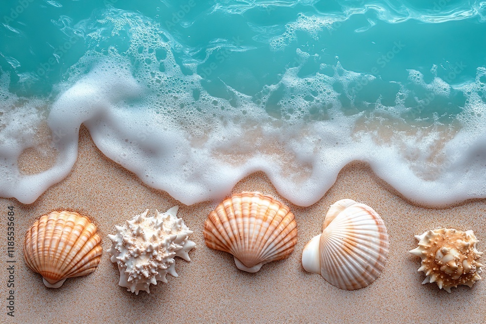 A serene beach scene featuring various seashells along the shore with gentle waves and foam. A serene beach scene featuring various seashells along the shore with gentle waves and foam.