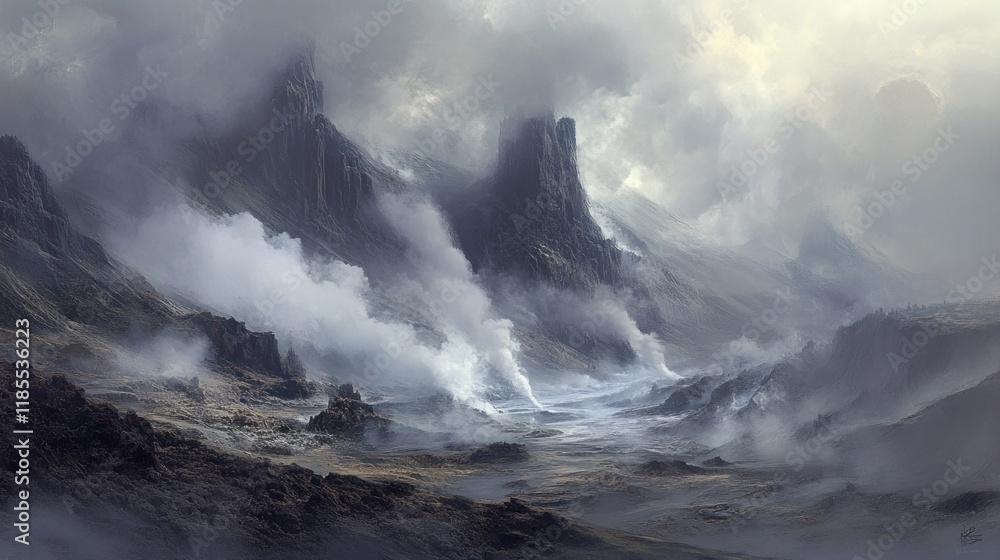 A Misty Mountain Landscape with Steam Vents A Misty Mountain Landscape with Steam Vents