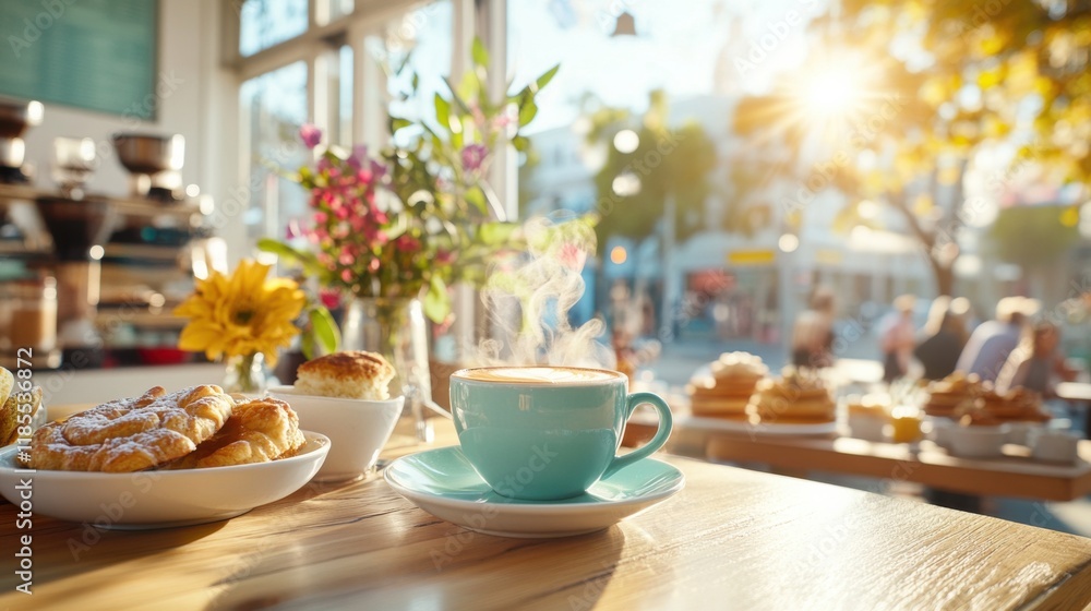 A cozy café table with a steaming cup of coffee, fresh pastries, and vibrant flowers, bathed in warm sunlight on a lively morning A cozy café table with a steaming cup of coffee, fresh pastries, and vibrant flowers, bathed in warm sunlight on a lively morning
