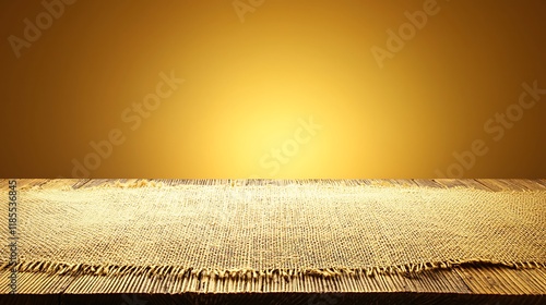 A rustic-themed sales tent made of burlap fabric, a wooden blank storefront sign with engraved text, a weathered wooden table with a rough finish, warm soft lighting, on a solid beige background photo