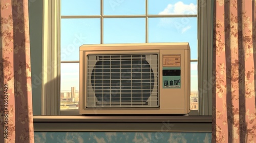 Air conditioner placed on a windowsill, providing cooling in a sunny environment. photo