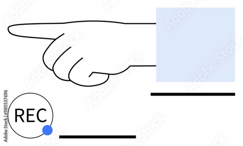 Outstretched finger emphasizes direction, REC circle with blue dot signals recording, and a rectangle draws focus. Ideal for guidance, instruction, recording, highlighting, interaction, tutorials