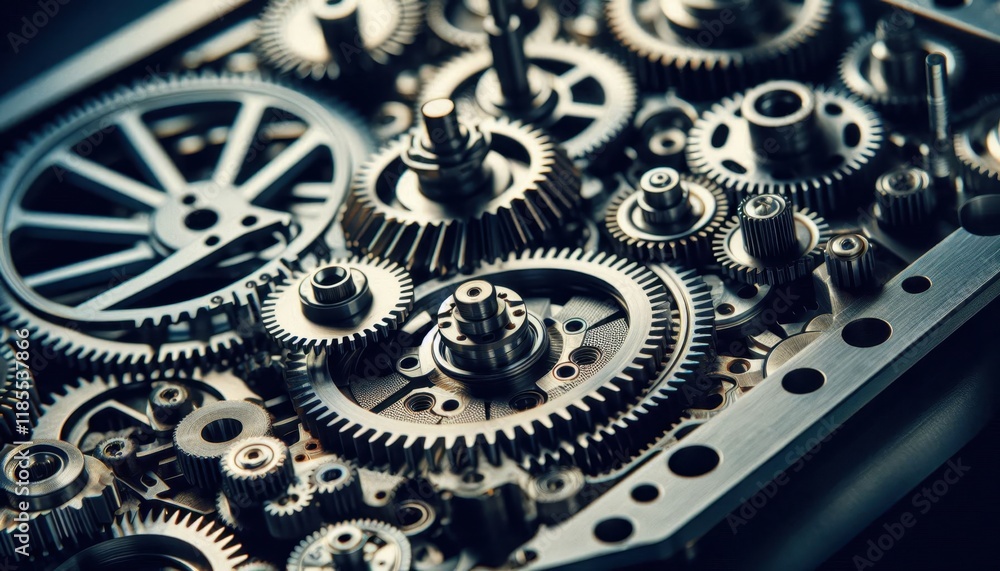 Intricate mechanical gears, Close-up of watch mechanism, Metallic cogs and wheels, Precision engineering, Steampunk aesthetics, Clockwork internals, Monochromatic tones, Macro photography, Interlockin Intricate mechanical gears, Close-up of watch mechanism, Metallic cogs and wheels, Precision engineering, Steampunk aesthetics, Clockwork internals, Monochromatic tones, Macro photography, Interlockin