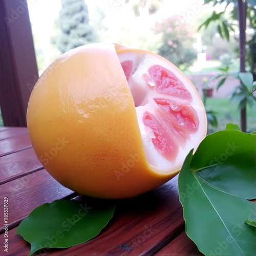 Pomelo fruit with green leaf and half sliced on wooden table with garden background. photo