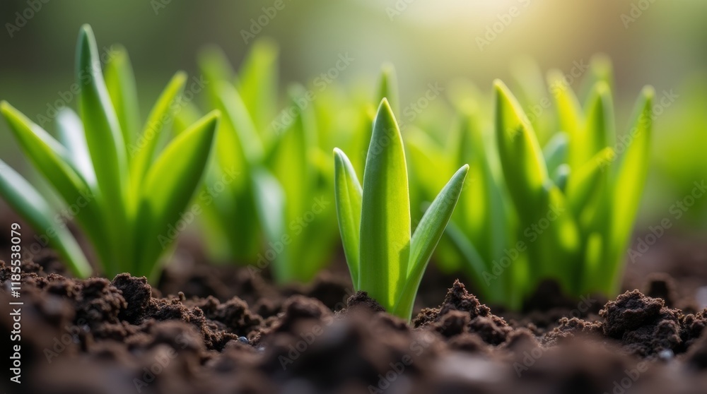 Spring growth, green shoots emerging from the soil Spring growth, green shoots emerging from the soil