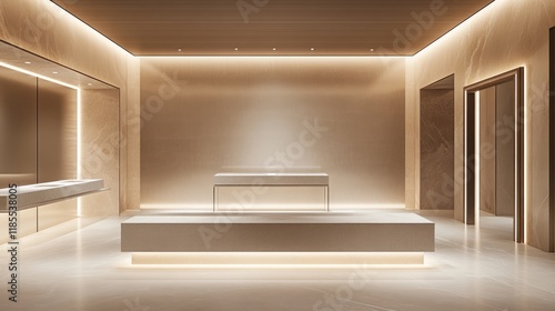 Wallpaper Mural A clean, minimalist exhibition room with two empty stands, designed with soft lighting and a serene ambiance, perfect for contemporary showcases Torontodigital.ca