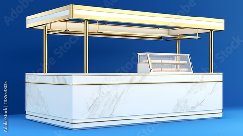 A sophisticated white sales tent with gold trimming, a blank storefront sign in an elegant serif font, a marble table with sleek lines, even studio lighting, on a solid royal blue background photo