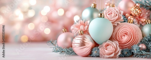 Soft focus bokeh effect concept with romantic color. Festive arrangement of pastel ornaments and flowers for holiday decor