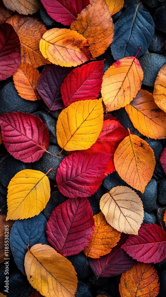 A vibrant collection of autumn leaves in various colors scattered over dark stones, showcasing seasonal beauty. A vibrant collection of autumn leaves in various colors scattered over dark stones, showcasing seasonal beauty.