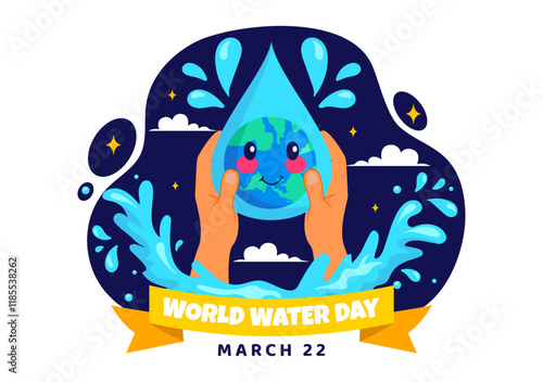 World Water Day Vector Illustration  Featuring Waterdrops, Taps, and Messages to Save Earth and Promote Freshwater Management in a Background