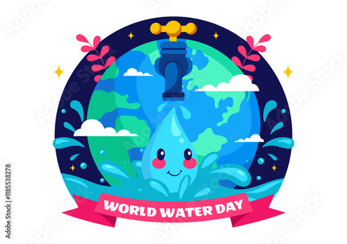 World Water Day Vector Illustration  Featuring Waterdrops, Taps, and Messages to Save Earth and Promote Freshwater Management in a Background