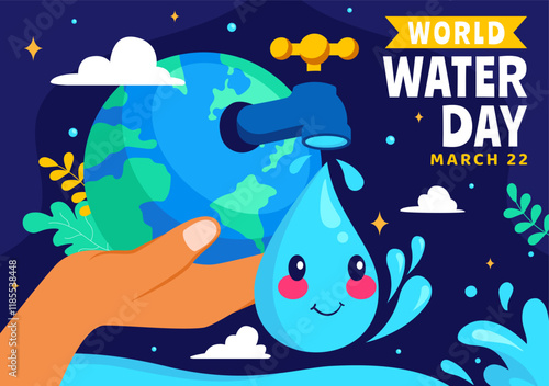 World Water Day Vector Illustration  Featuring Waterdrops, Taps, and Messages to Save Earth and Promote Freshwater Management in a Background