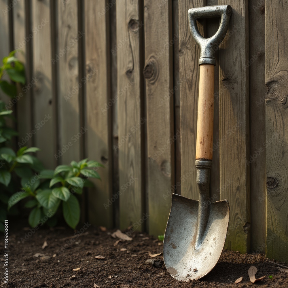 A garden spade with a worn wooden handle leaning against a wooden fence in soft sunlight. The scene has a rustic, vintage feel with earthy tones. A garden spade with a worn wooden handle leaning against a wooden fence in soft sunlight. The scene has a rustic, vintage feel with earthy tones.