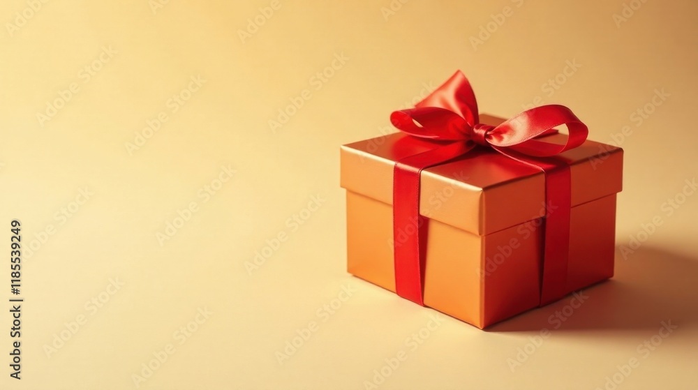 A single golden gift box with a red ribbon, perfect for celebrations A single golden gift box with a red ribbon, perfect for celebrations