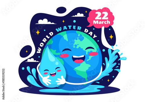 World Water Day Vector Illustration  Featuring Waterdrops, Taps, and Messages to Save Earth and Promote Freshwater Management in a Background