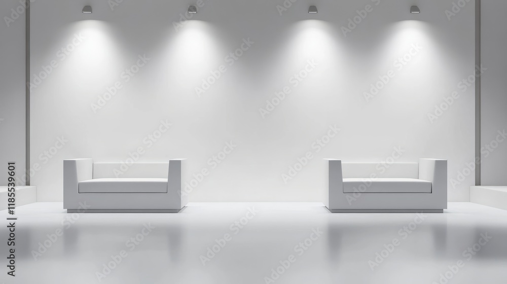 A minimalist exhibition space with two empty, modern stands, clean lines, and soft lighting, perfect for showcasing contemporary art A minimalist exhibition space with two empty, modern stands, clean lines, and soft lighting, perfect for showcasing contemporary art