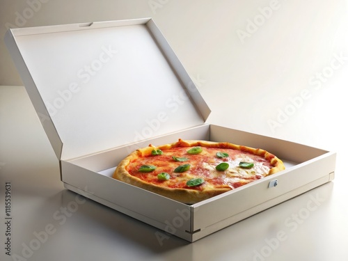 Empty white pizza box, close-up. Ideal food photography mockup for product packaging or delivery service promotions. photo