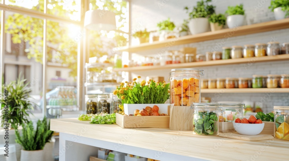 Fototapeta premium A minimalist eco-friendly shop display featuring jars of natural products