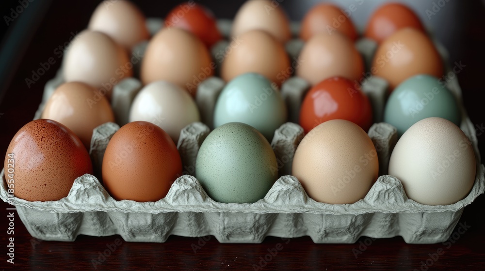 A carton filled with various colored eggs arranged neatly. A carton filled with various colored eggs arranged neatly.
