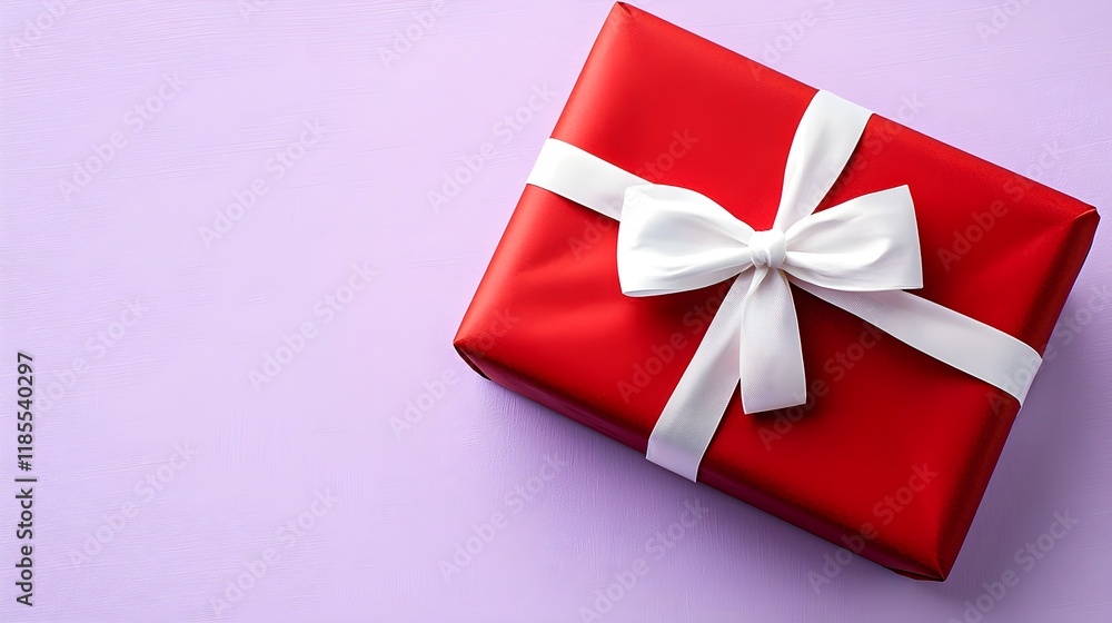 Bright Red Gift Box with White Ribbon on Purple Background, Generative AI. Bright Red Gift Box with White Ribbon on Purple Background, Generative AI.