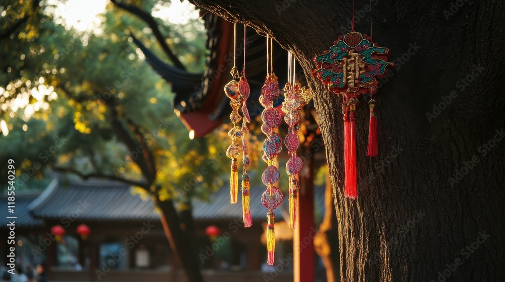 Fototapeta premium Vibrant Chinese Decorations Hanging from Tree at Evening