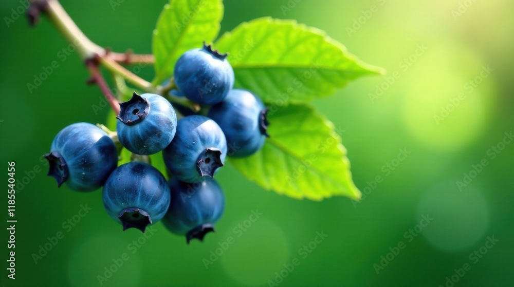 Close-up of a cluster of ripe blueberries on a branch with vibrant green leaves